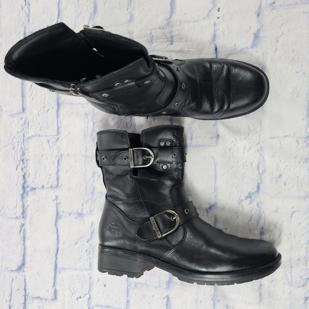 Harley-Davidson Grace Moto Boots Womens 10 Black Leather Buckle Studded Biker